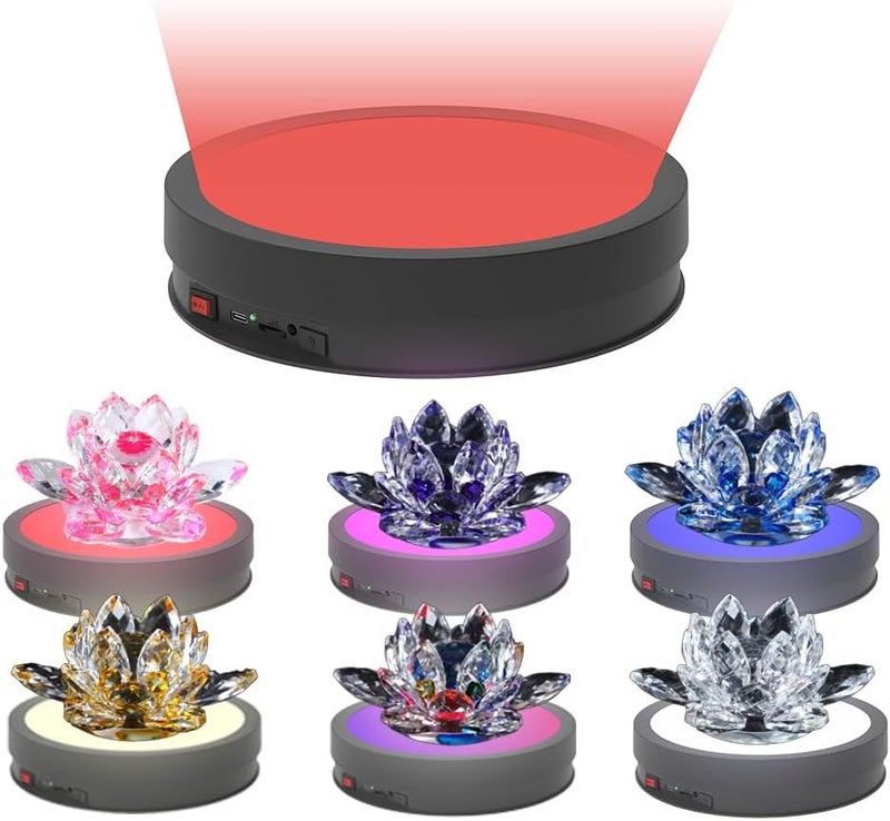 JAYEGT Variety Colors LED Light Non-Slip Rotating Display Stand , 66lbs Load, 360 Degree Photography Turntable for Glass Crystal Spherical Artwork (8.66inch / 6Color LED Light / Black / Rechargeable) - Image 2